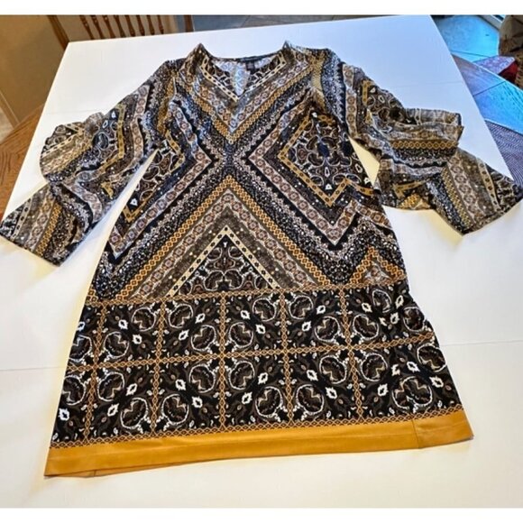 INC graphic paisley print dress ruffled sheer long sleeves women's size 4 - Picture 2 of 7